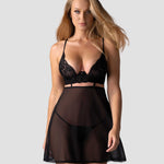 The Nutris black floral lace babydoll with a back hook-and-eye fastening