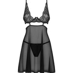 The Nutris black floral lace babydoll, featuring a discreet silver pendant