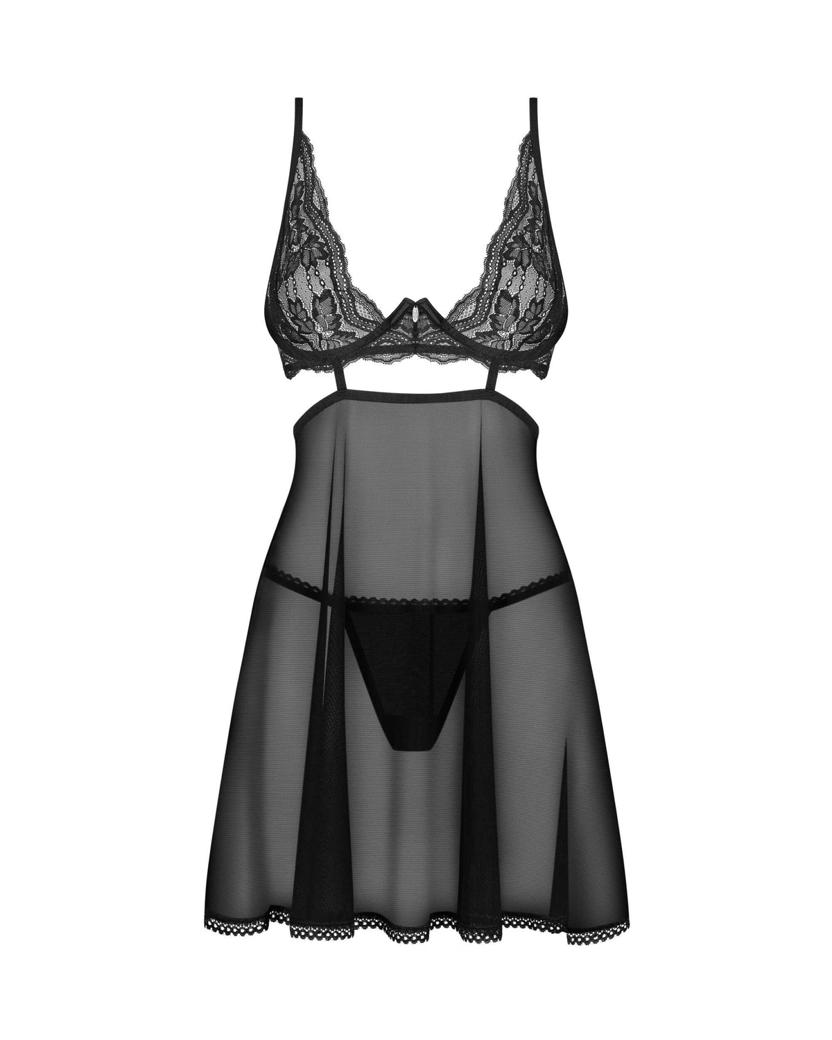 The Nutris black floral lace babydoll, featuring a discreet silver pendant