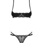 The Nutris black lace crotchless set, featuring a delicate oval pendant