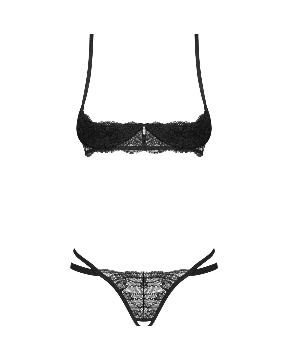 The Nutris black lace crotchless set, featuring a delicate oval pendant