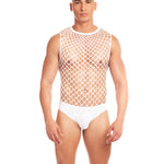 Rainbow Party Full Effect white large mesh unitard and thong men's two-piece set by nympho life