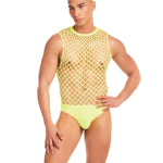 Rainbow Party Full Effect yellow large mesh unitard and thong men's two-piece set by nympho life
