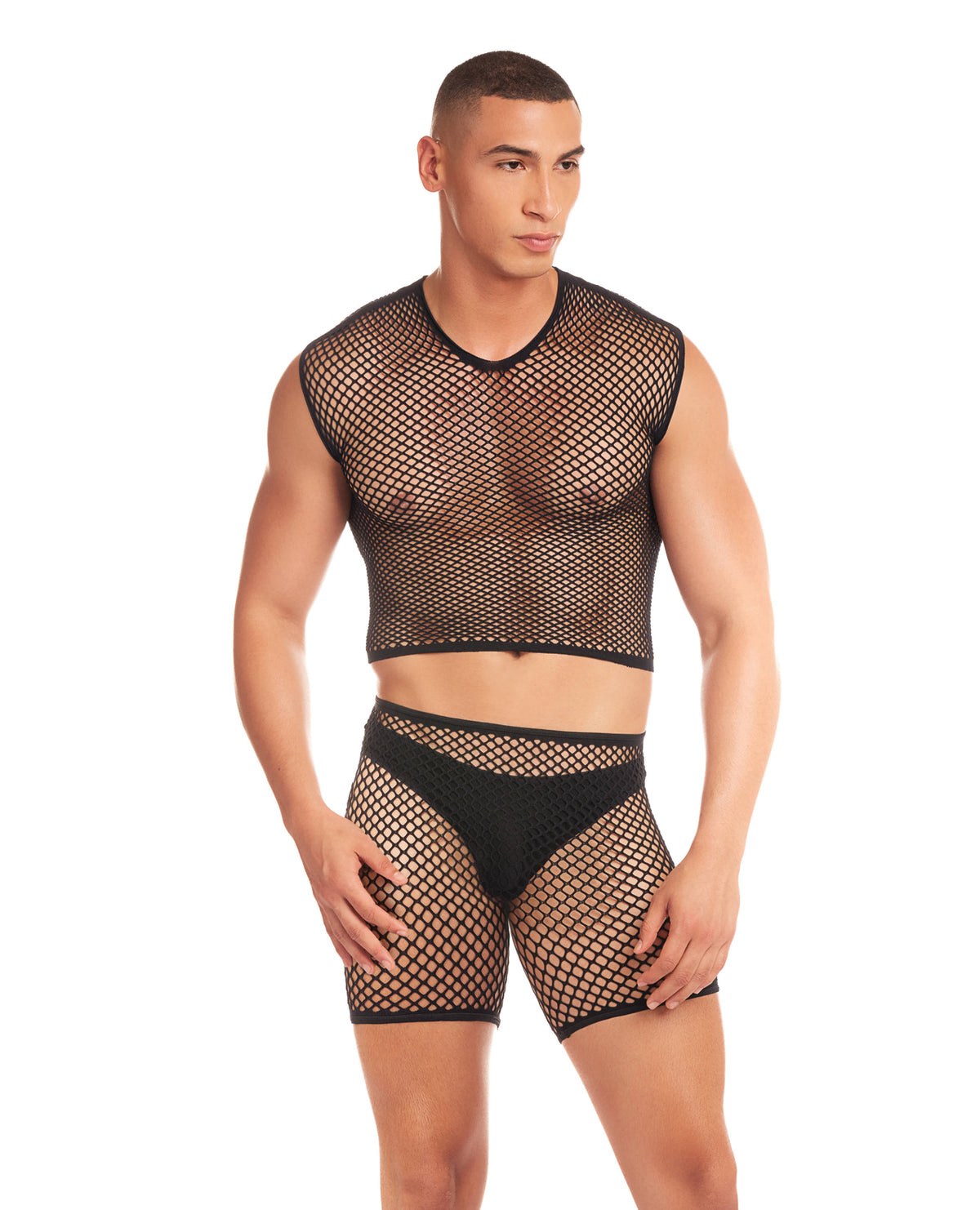 Rainbow Party Net-Bula black large mesh long brief men's three-piece set with thong by nympho life