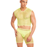 Rainbow Party Net-Bula yellow large mesh long brief men's three-piece set with thong by nympho life