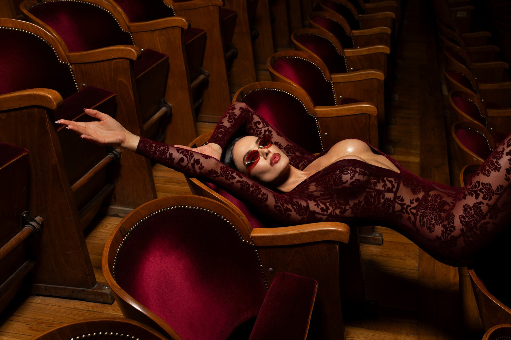 Burgundy sheer lace Noir Handmade F382 Kink Royal catsuit with floral pattern — erotic catsuit at nympho life