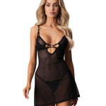 Alliane black mesh chemise and thong with lace overlay by Obsessive
