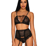 Basitta black three-piece mesh set with lacing and metal rings by Obsessive