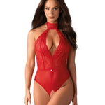 Dagmarie red lace crotchless teddy with choker by Obsessive