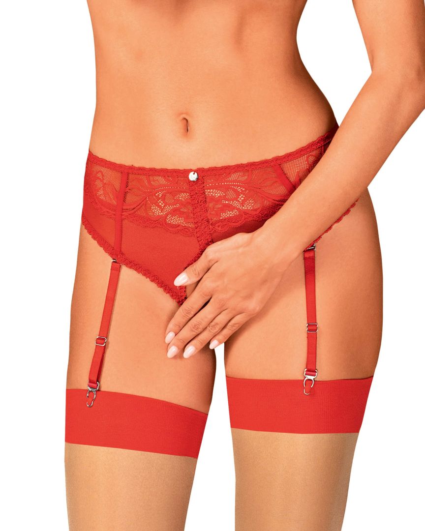Dagmarie red lace crotchless garter panties by Obsessive