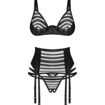 Lune Bellis black three-piece open set with bra, garter belt and open thong by Obsessive Exquisite