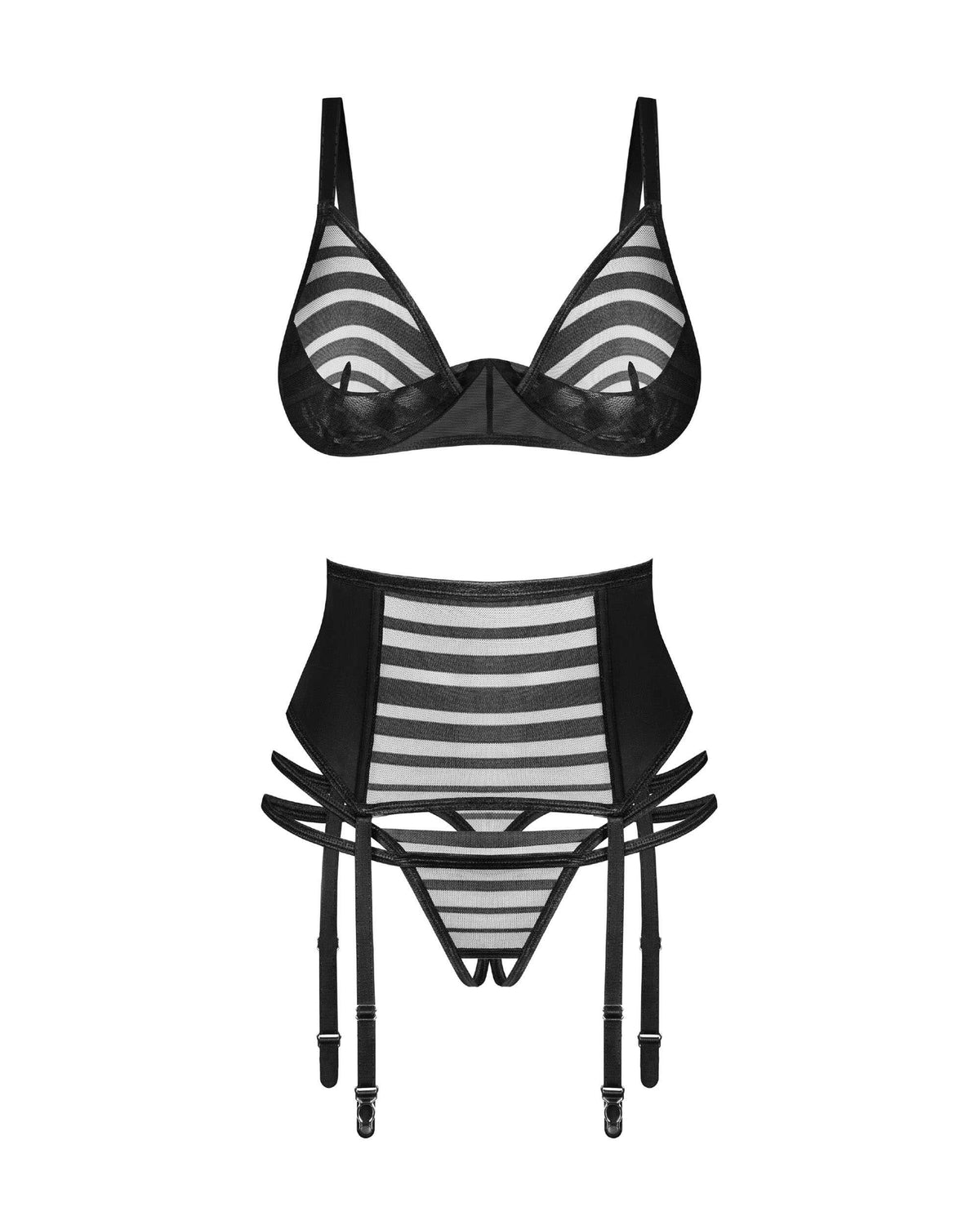 Lune Bellis black three-piece open set with bra, garter belt and open thong by Obsessive Exquisite