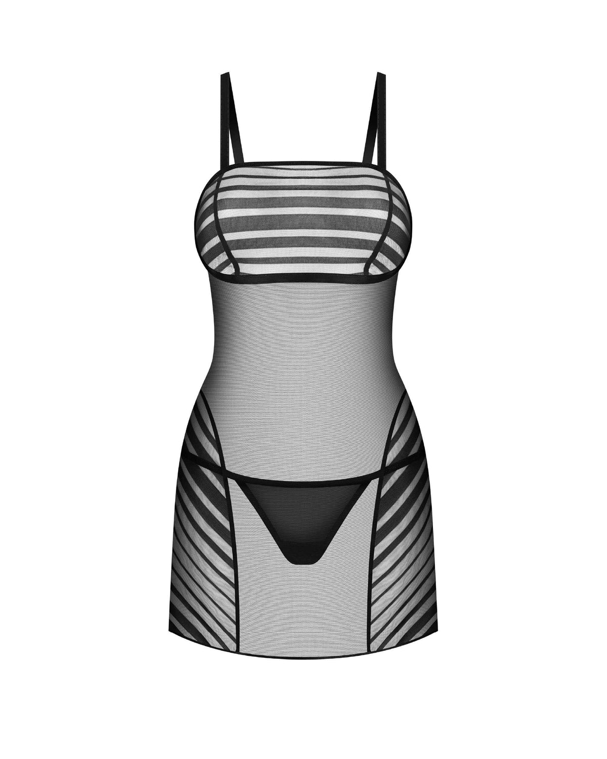 Lune Bellis black striped mid-thigh chemise and thong set by Obsessive Exquisite