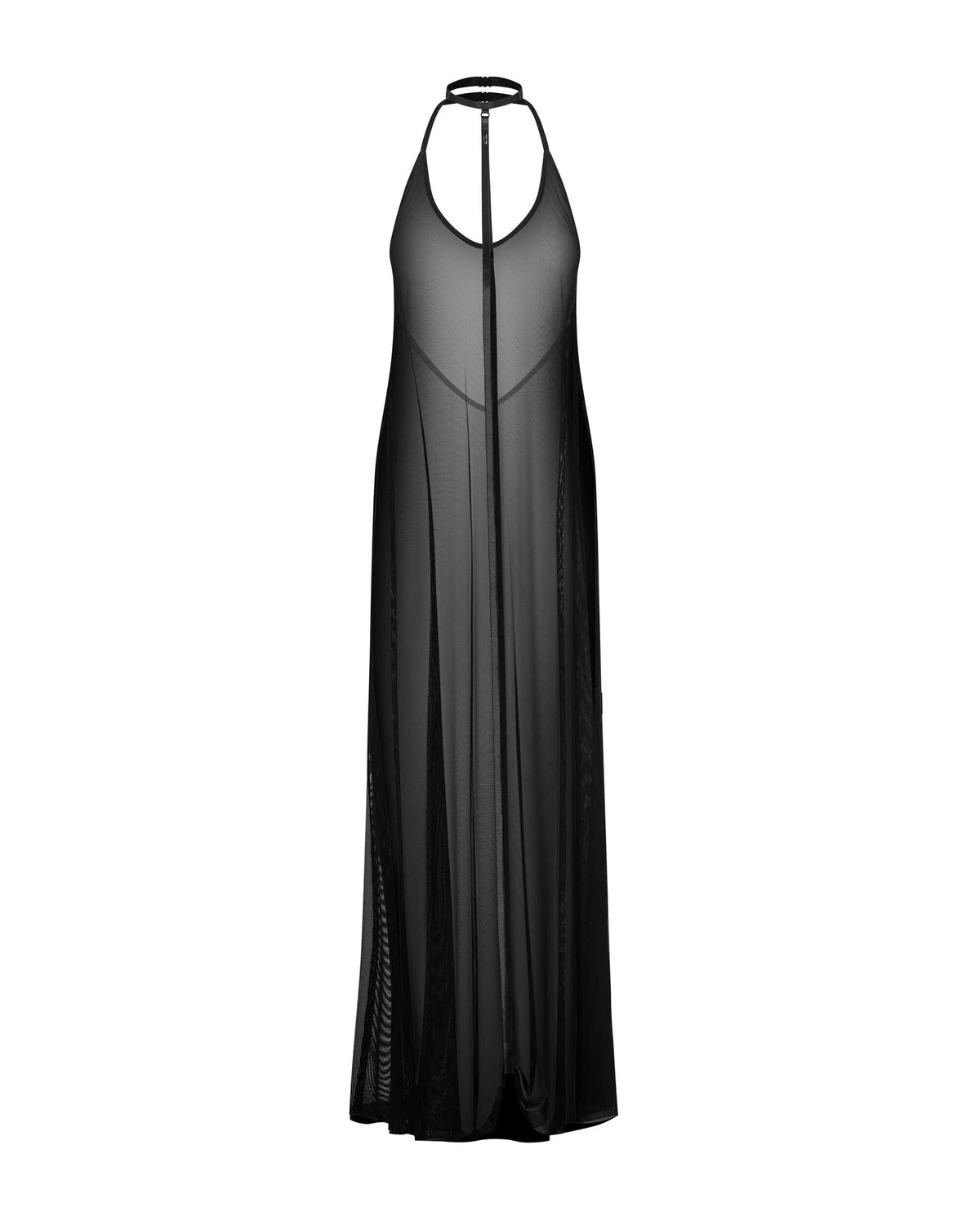 Nuites black sheer long halter dress with open back by Obsessive Exquisite