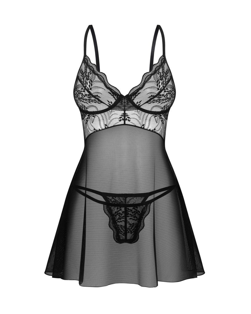 Perisia black sheer babydoll and thong set with underwired cups by Obsessive Exquisite