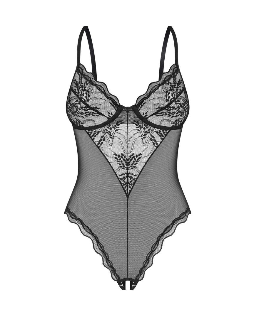 Perisia black crotchless lace and mesh teddy by Obsessive Exquisite