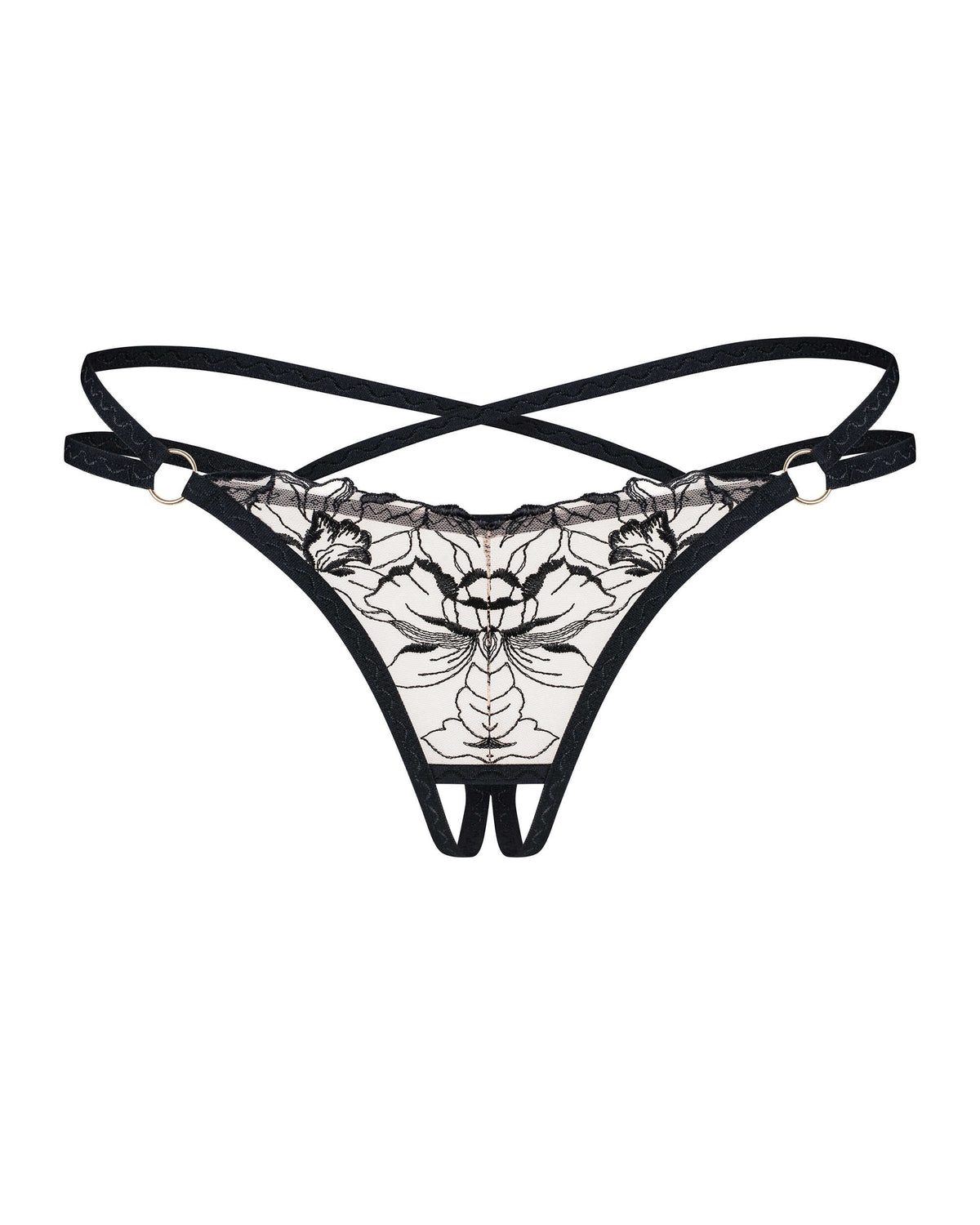 Vila Blanes black crotchless mesh thong with botanical embroidery by Obsessive Exquisite