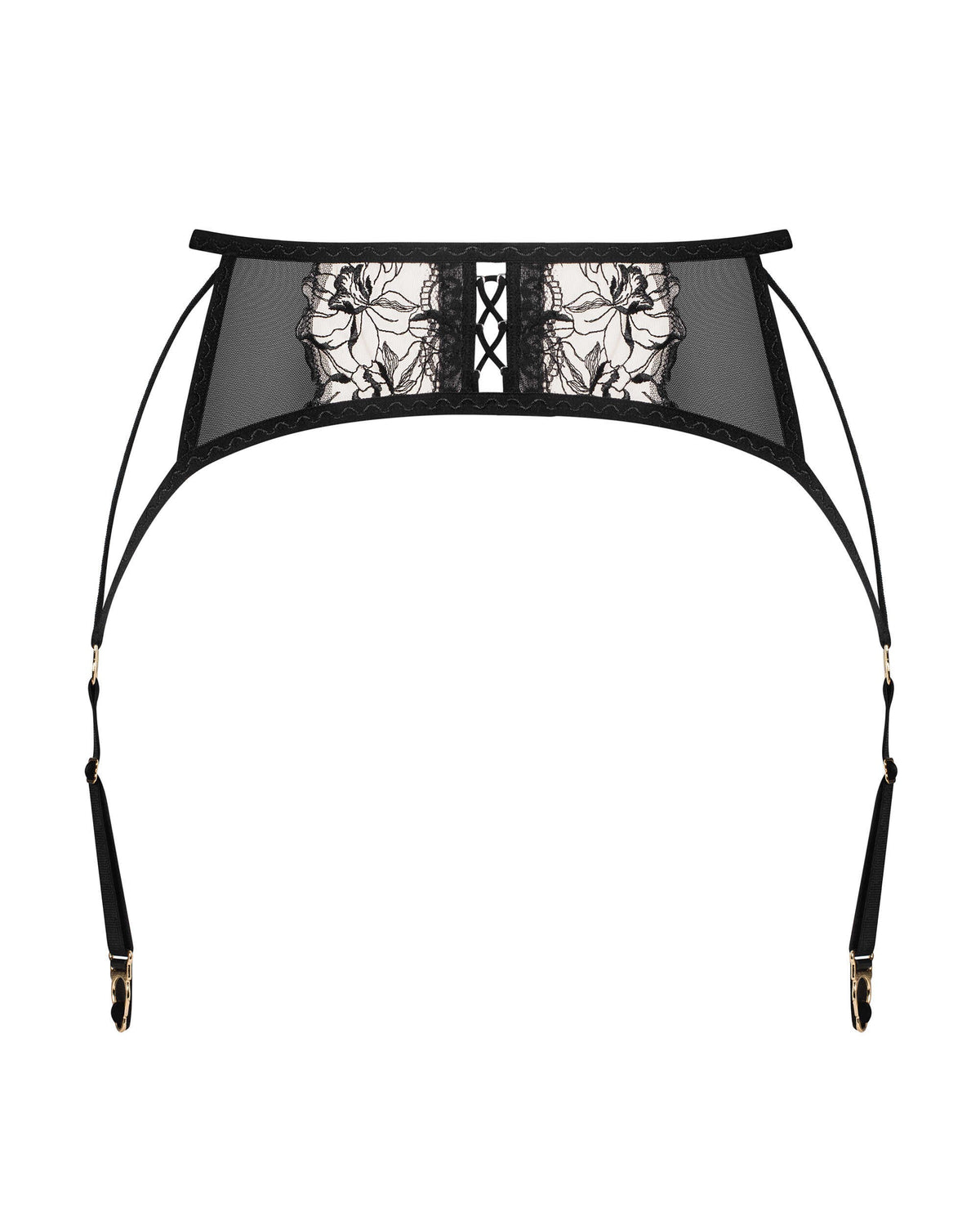 Vila Blanes black garter belt with embroidered botanical tulle by Obsessive Exquisite