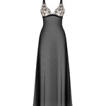 Vila Blanes black sheer long chemise with botanical embroidery by Obsessive Exquisite