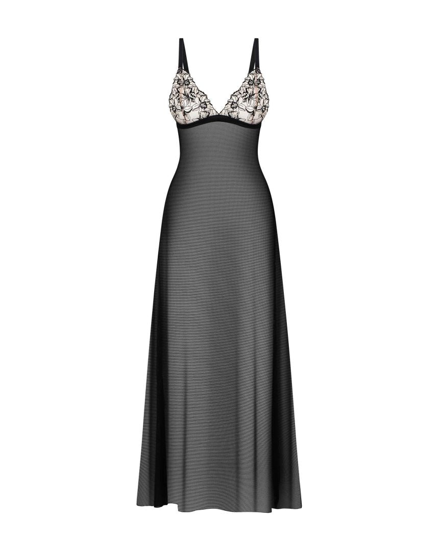 Vila Blanes black sheer long chemise with botanical embroidery by Obsessive Exquisite