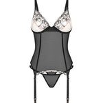 Vila Blanes black sheer corset with floral inserts and thong by Obsessive Exquisite