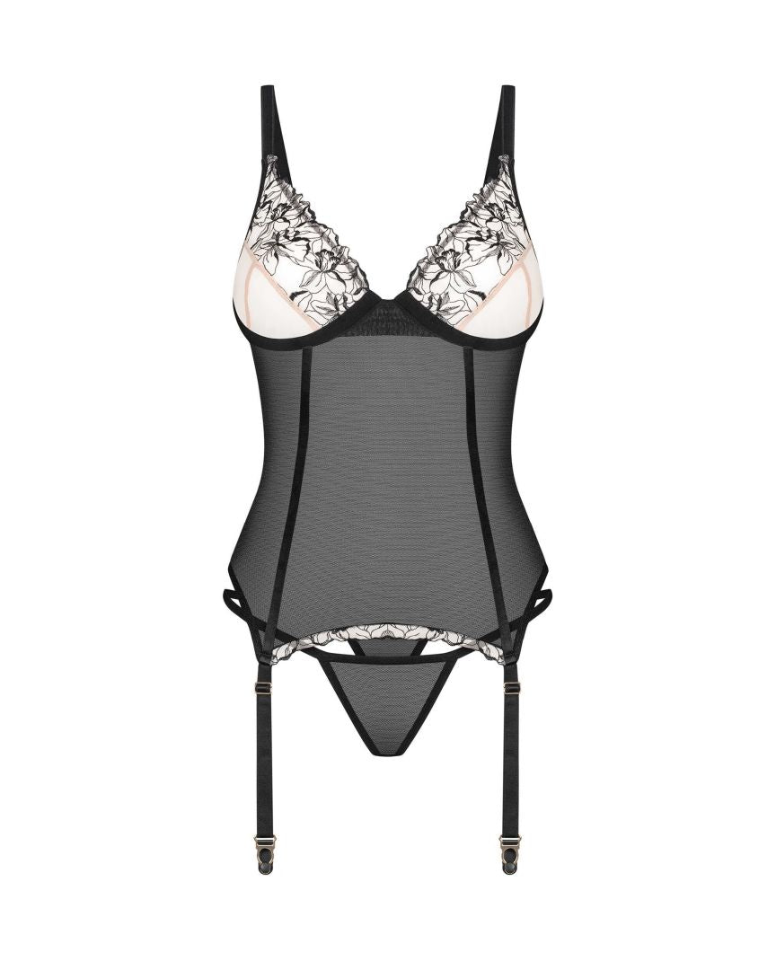 Vila Blanes black sheer corset with floral inserts and thong by Obsessive Exquisite
