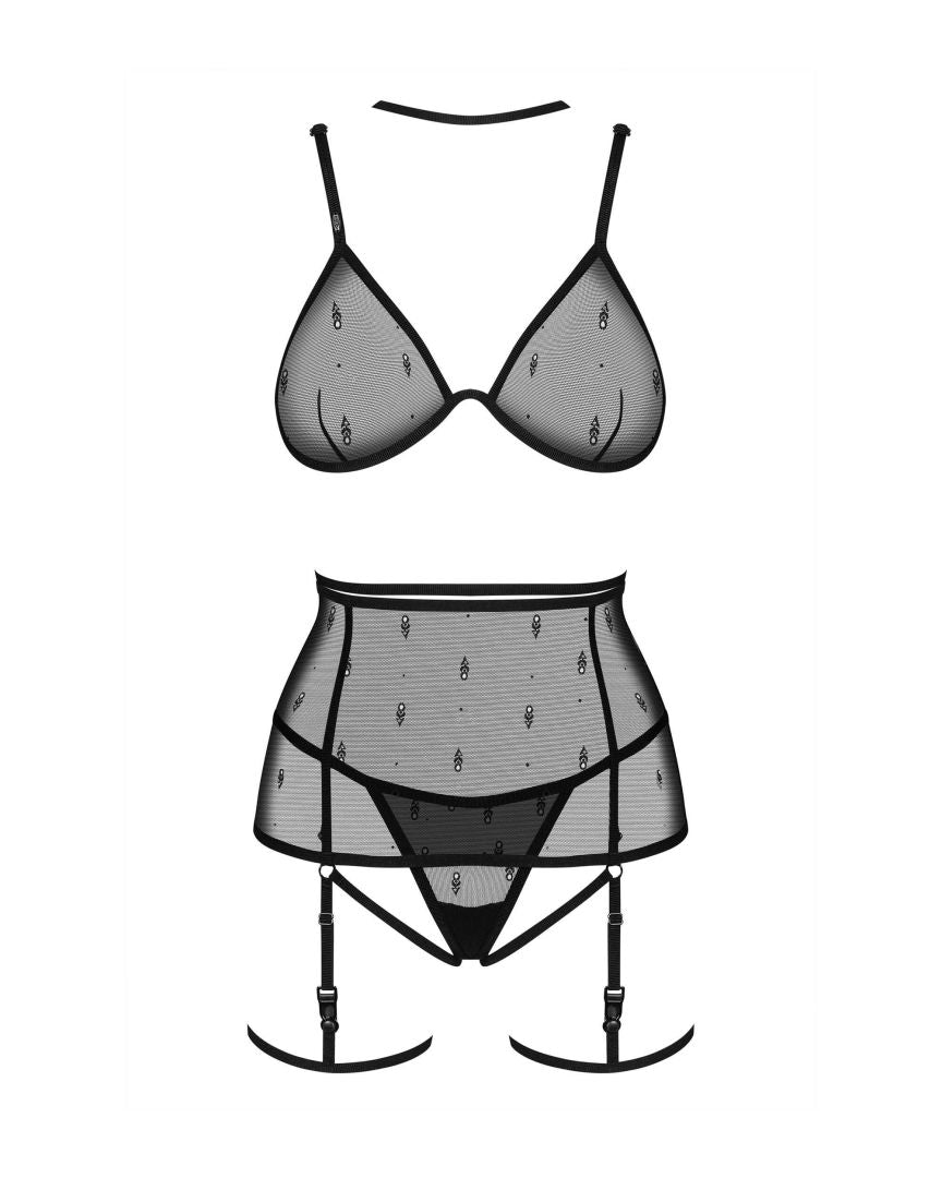 Anniverse Special black four-piece set with bra, garter belt, garters and thong by Obsessive Freedom