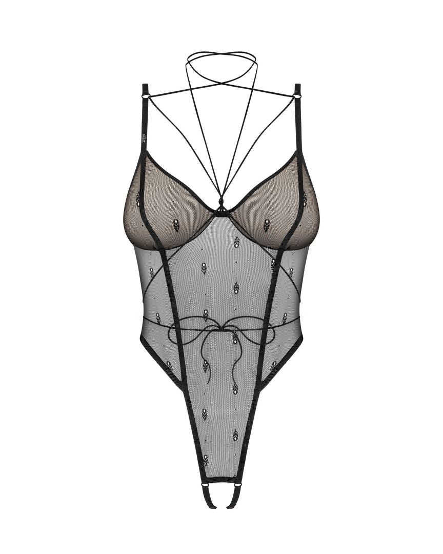Anniverse Special black crotchless mesh teddy and harness by Obsessive Freedom