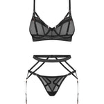 Euridia black three-piece bra, garter belt and tanga set by Obsessive Freedom