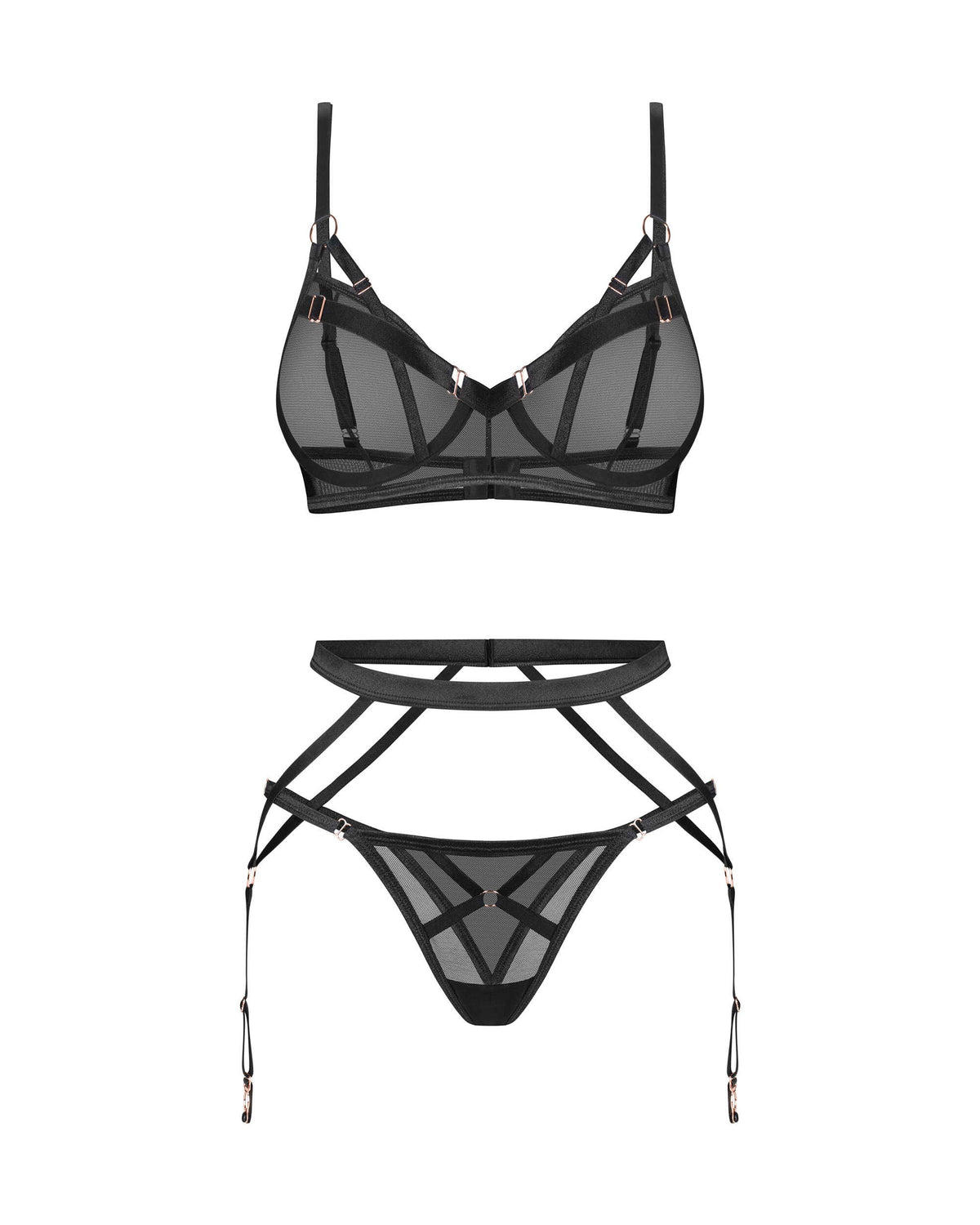 Euridia black three-piece bra, garter belt and tanga set by Obsessive Freedom