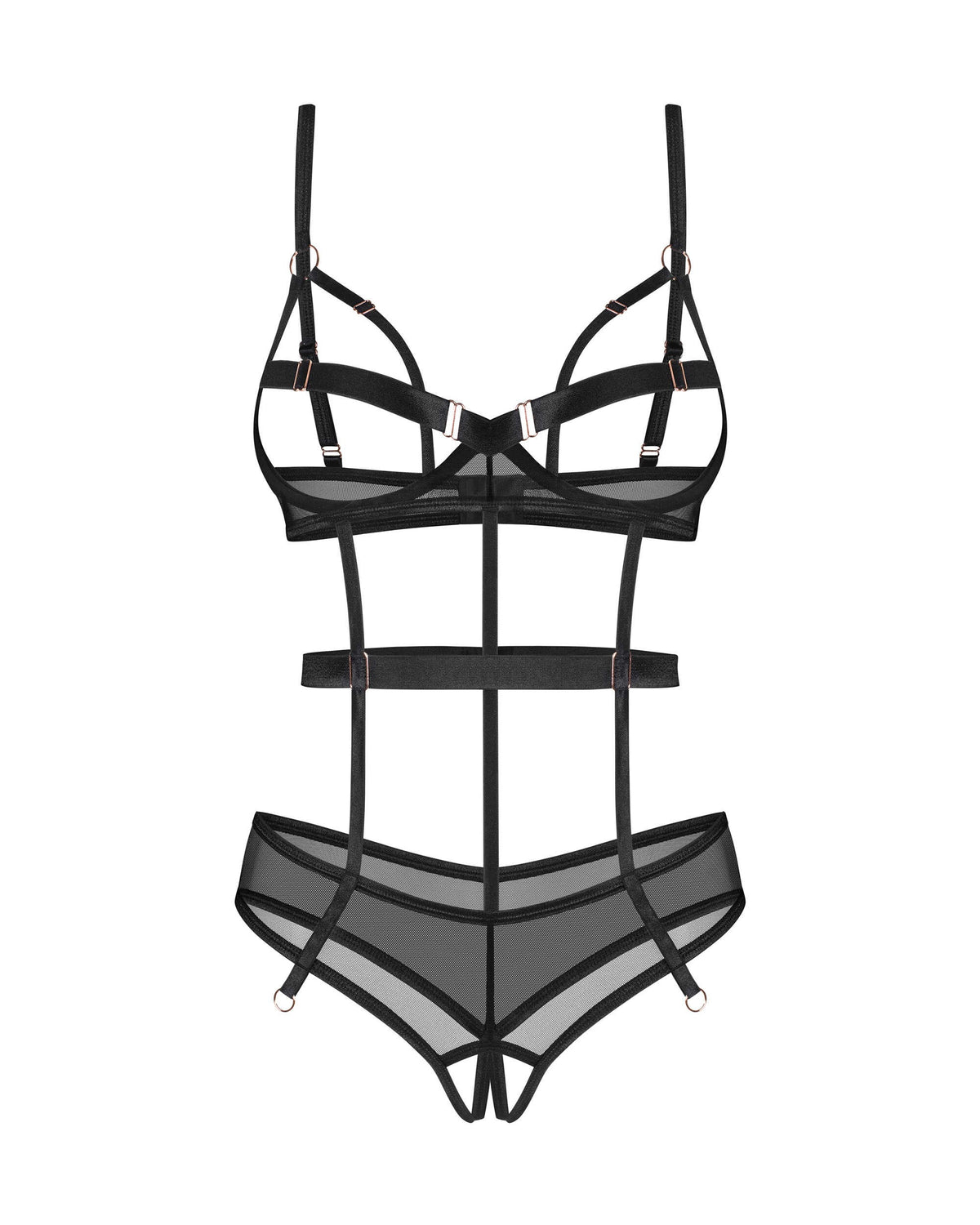 Euridia black open-cup crotchless harness teddy by Obsessive Freedom