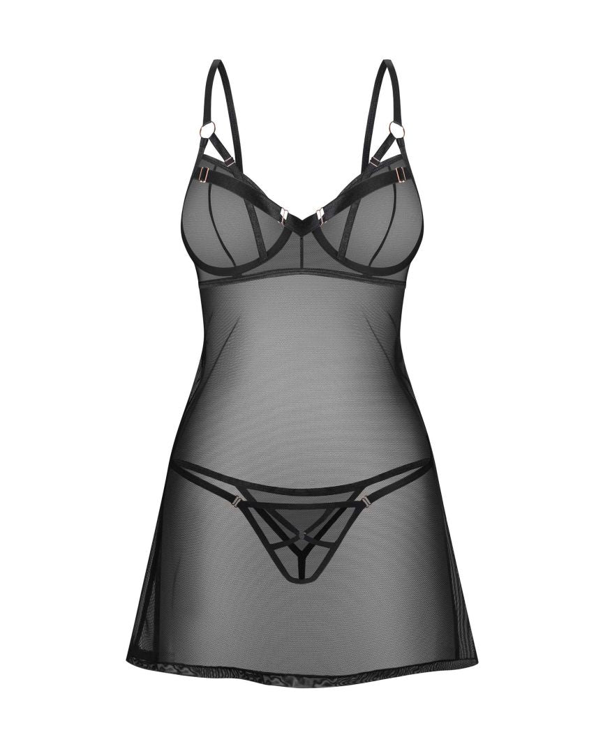 Euridia black transparent mesh chemise and thong set by Obsessive Freedom