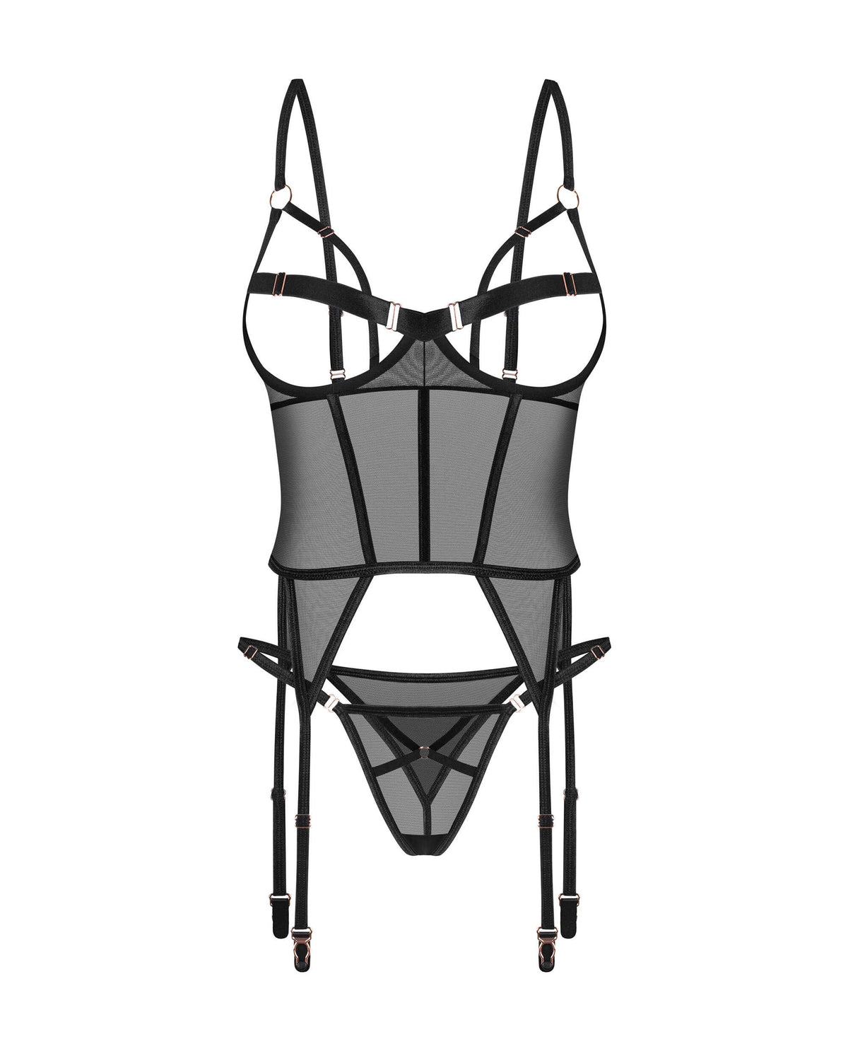 Euridia black open-cup mesh corset and thong set by Obsessive Freedom