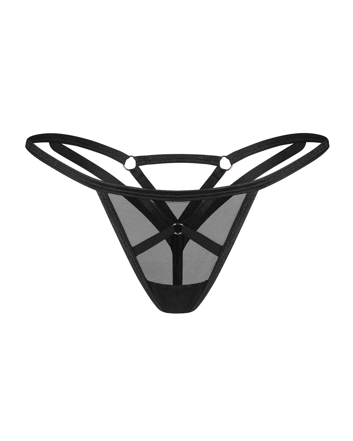 Euridia black mesh thong with crisscross straps by Obsessive Freedom