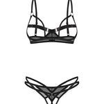Euridia black open-cup bra and crotchless thong set by Obsessive Freedom