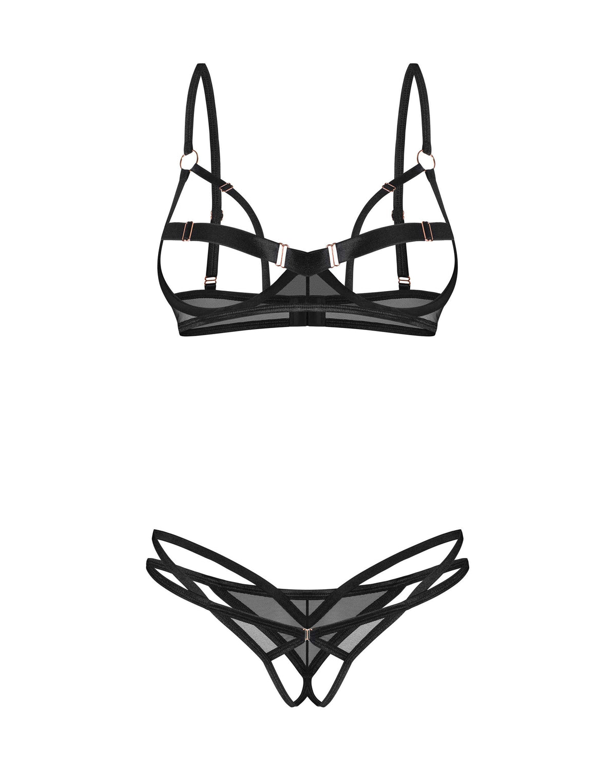 Euridia black open-cup bra and crotchless thong set by Obsessive Freedom