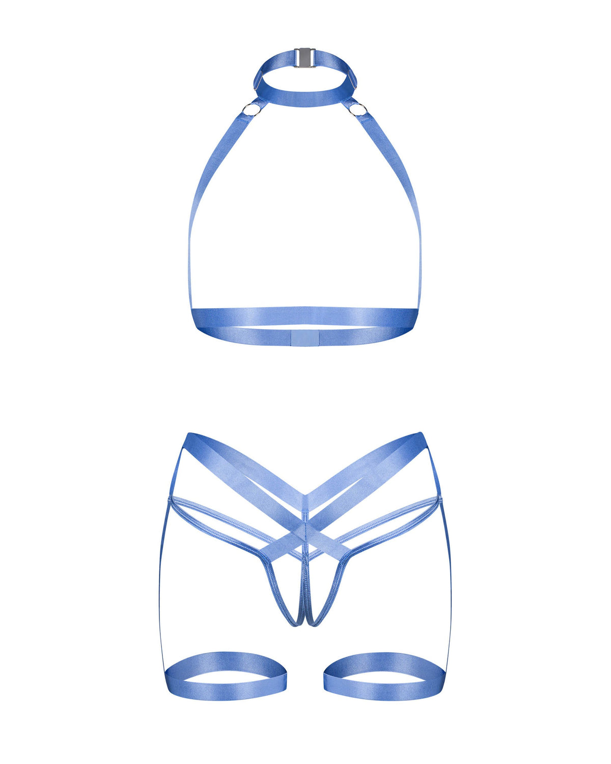 Shaderi blue choker top and crotchless thong harness set by Obsessive Freedom