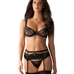 Heartina black three-piece lace garter set with jewel hearts by Obsessive