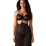 Iliosa black long sheer tulle chemise and thong by Obsessive