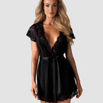 Black full-length robe with lace trim and satin ribbon by Obsessive