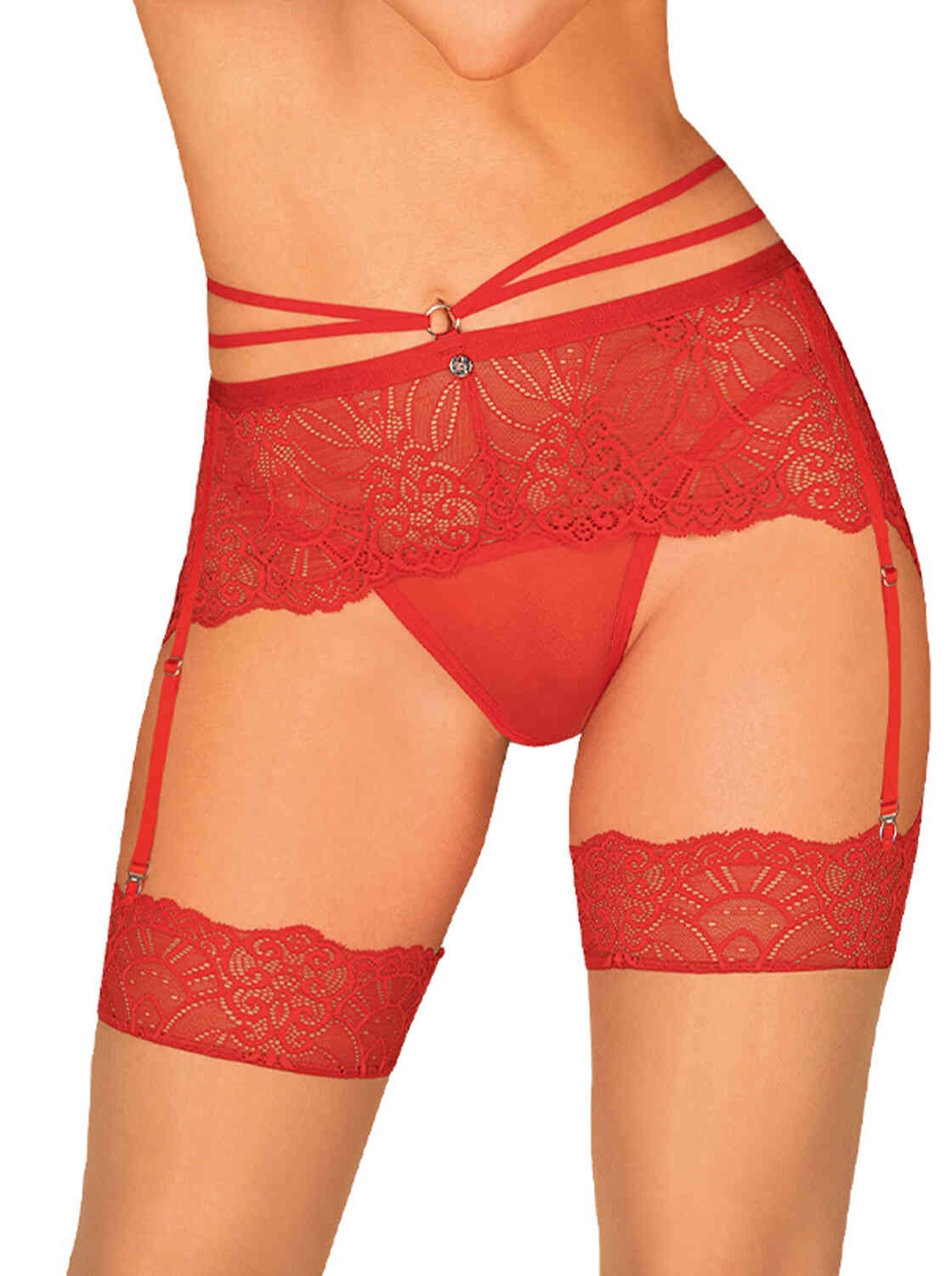 Loventy red floral lace garter belt by Obsessive