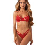 Matildea red lace underwired bra and crotchless thong set by Obsessive
