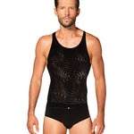 Black men's knit tank top with geometric motifs by Obsessive