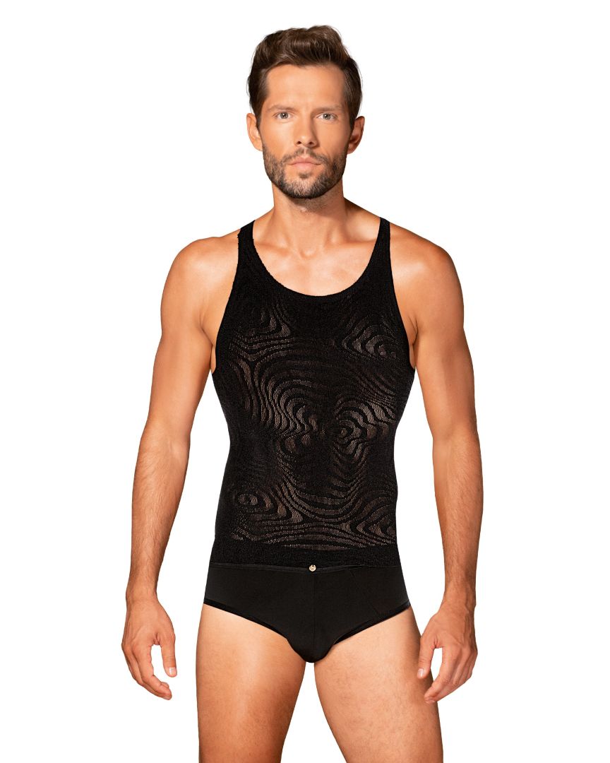 Black men's knit tank top with geometric motifs by Obsessive