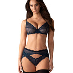 Nightly Blue navy blue three-piece lace bra, garter belt and panties set by Obsessive