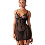 Nuites black sheer fitted chemise and thong with garter straps by Obsessive
