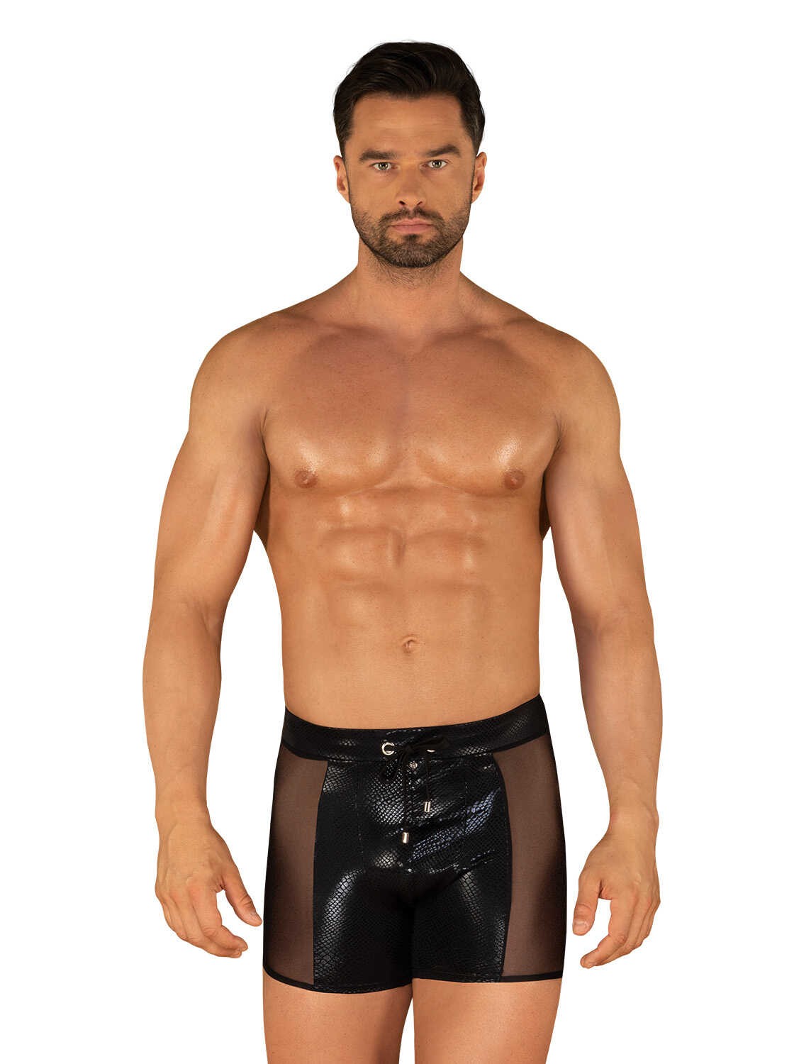 Punta Negra black swim shorts with translucent front panel by Obsessive