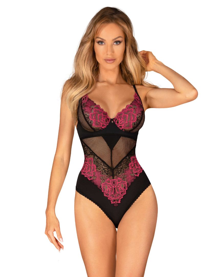 Rosenty black teddy with floral inserts by Obsessive