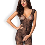 Black sheer knit crotchless bodystocking with plunging neckline by Obsessive