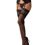 Black sheer 20 denier stockings with wide floral lace top by Obsessive